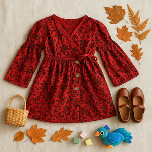 Tea Collection Red Floral Scroll Wrap Dress | Long Bell Sleeves | Girls Size 5